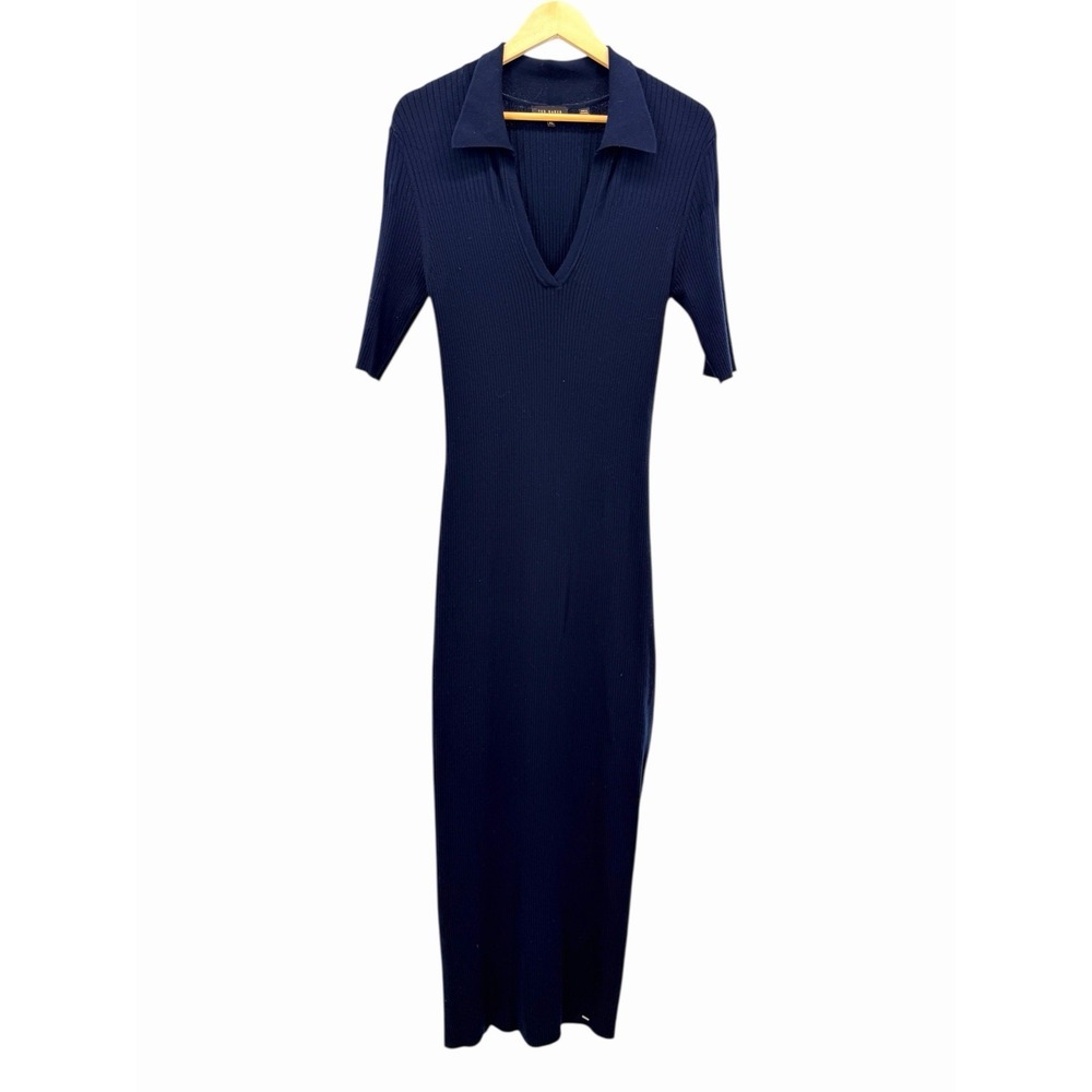 Ted Baker Pileepa Midi Dress Knit Polo Ribbed‎ Blue XL Bodycon Preppy Chic